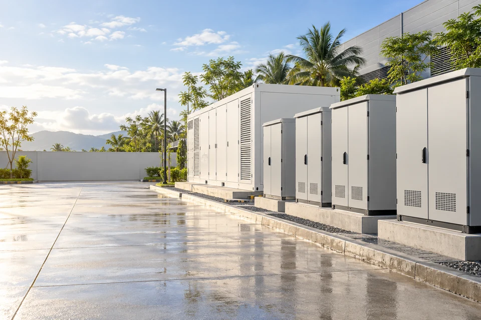 Illustrative electrical equipment compound with storage and switchgear