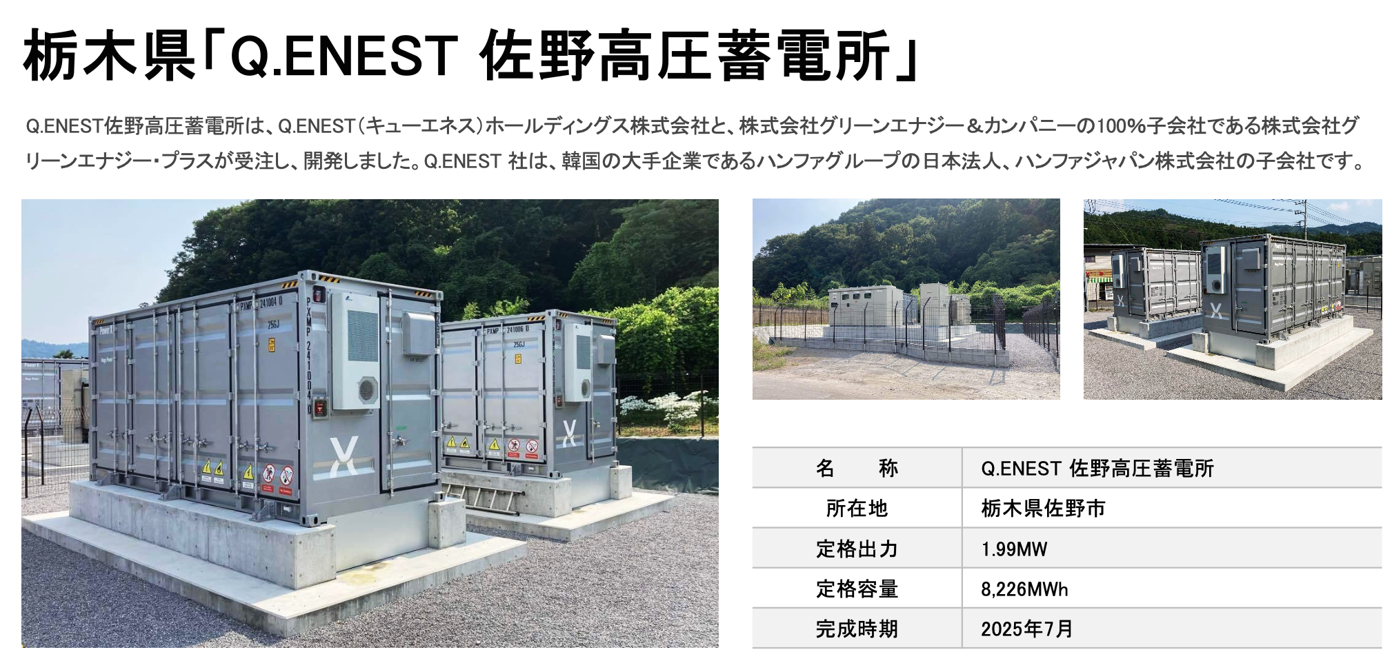 Installation photograph: Q.ENEST Sano battery storage station in Sano, Tochigi